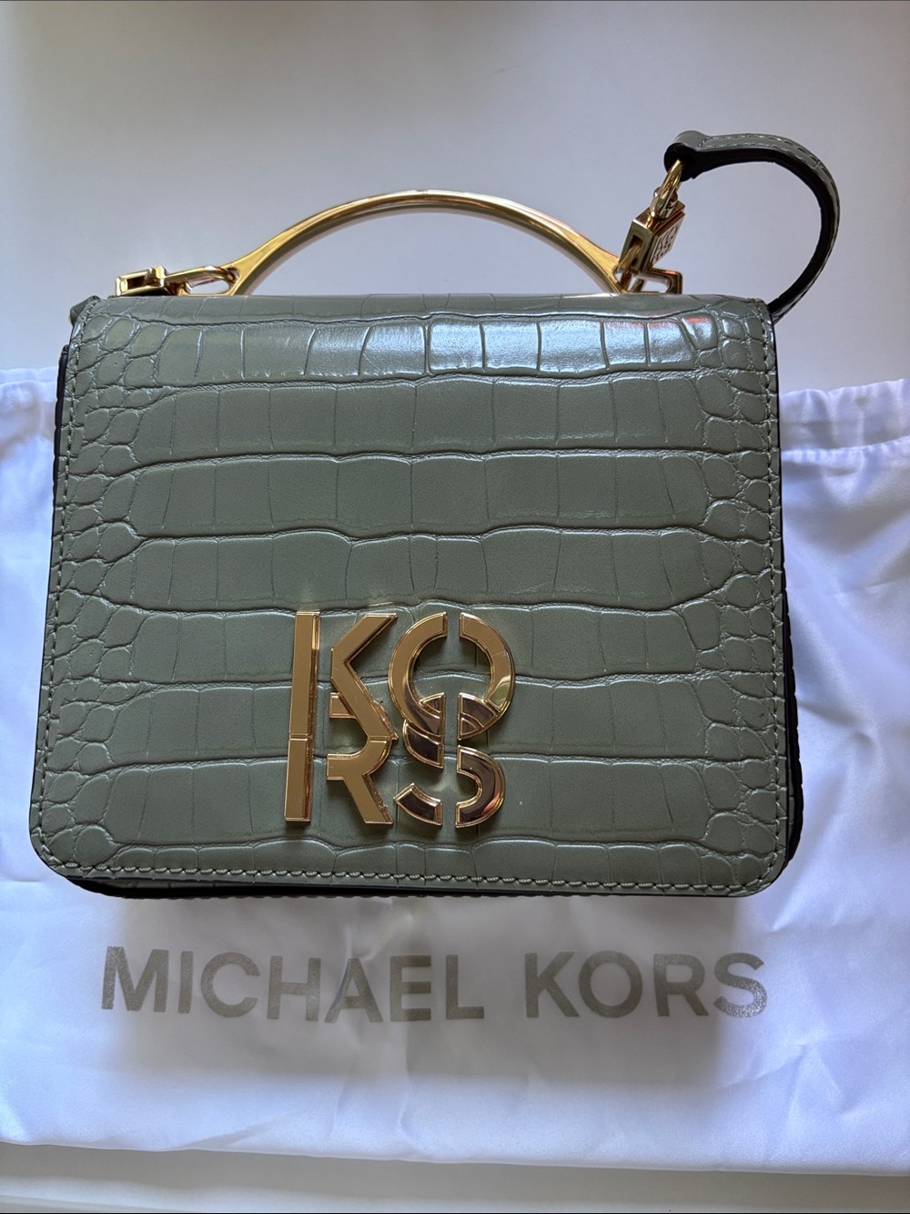 Rare Michael Kors Olive Croc-Embossed Top Handle Satchel with Gold Hardware